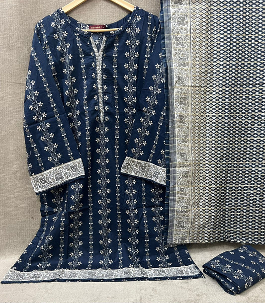 3-Piece Stitched Lawn Suit with Printed Trouser & Digital Dupatta