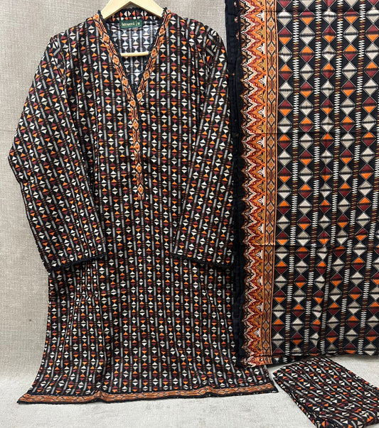 Stitched Lawn Suit – 3-Piece Set with Printed Trousers & Digital Dupatta
