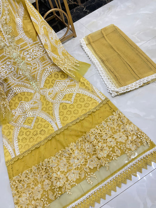 Embroidered Cotton Lawn 3-Piece Suit with Net Dupatta
